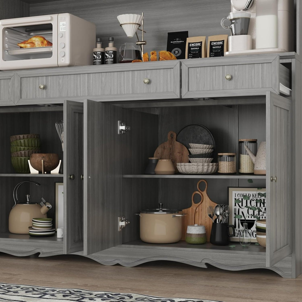 Kitchen Pantry Cabinet with Glass Doors and 3 Drawers, Tall Freestanding Stor...