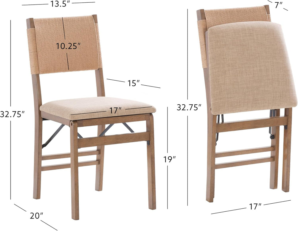 Bennett Natural Folding Chair with Rope Back and Linen Upholstered Seat Set o...