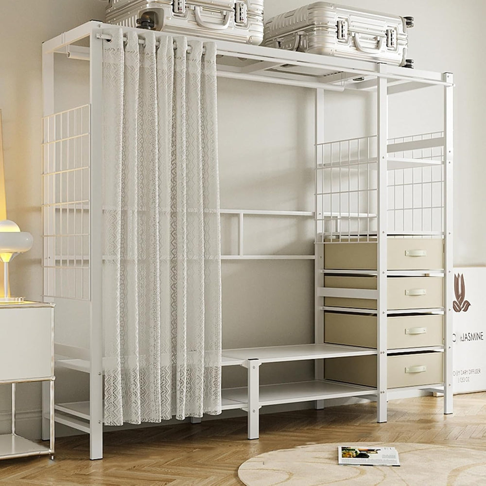 Heavy-Duty Clothes Rack Wardrobe with Curtain Large Walk-in Closet for Bedroo...