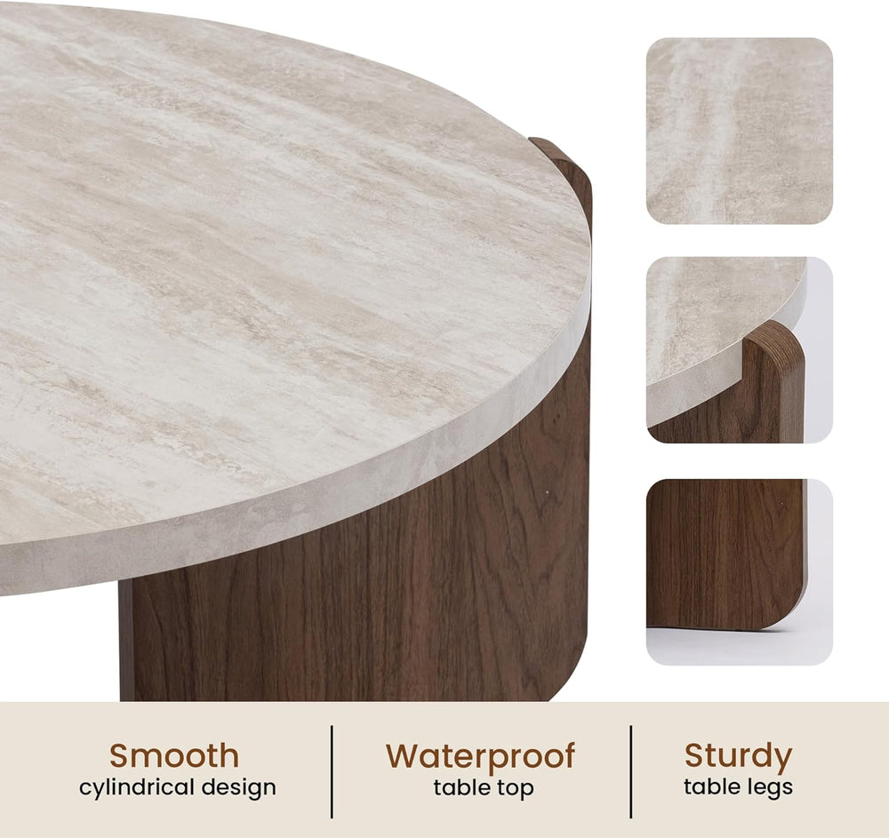 SUNBURY Modern Round Coffee Table with Sturdy Base, Wood Center Tables for Li...