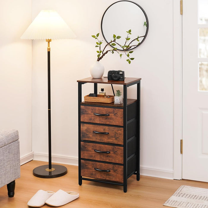 Yoobure Night Stand - LED Rustic Nightstand with Charging Station for Dorm | Bedside Table with 4 Storage Drawers and Storage Shelf, End Table with USB Ports and Outlets, Tall Nightstand for Bedroom