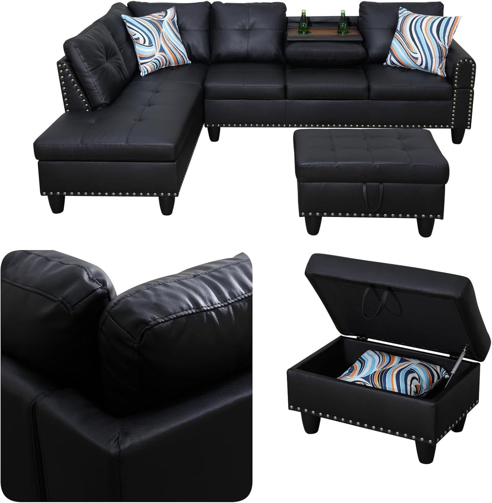 Leather L-Shaped Couch Set, 97.5"L x 69.5"W Sectional Sofas Black |...