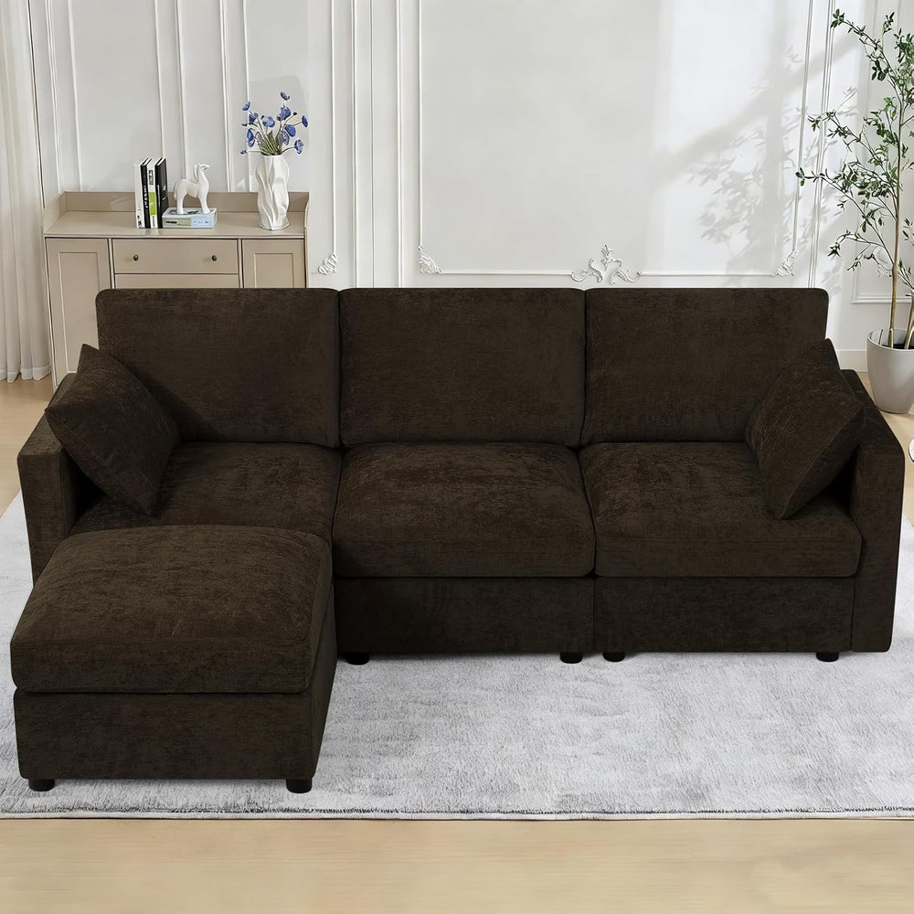 84” Chenille 3-Seats Sofa W/Movable Ottoman, Brown | Modern Fabric L-Shaped C...