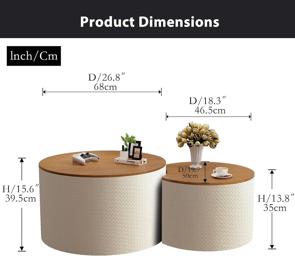 26.8" Nesting Round Coffee Table Set of 2 with Storage | Stackable Round...