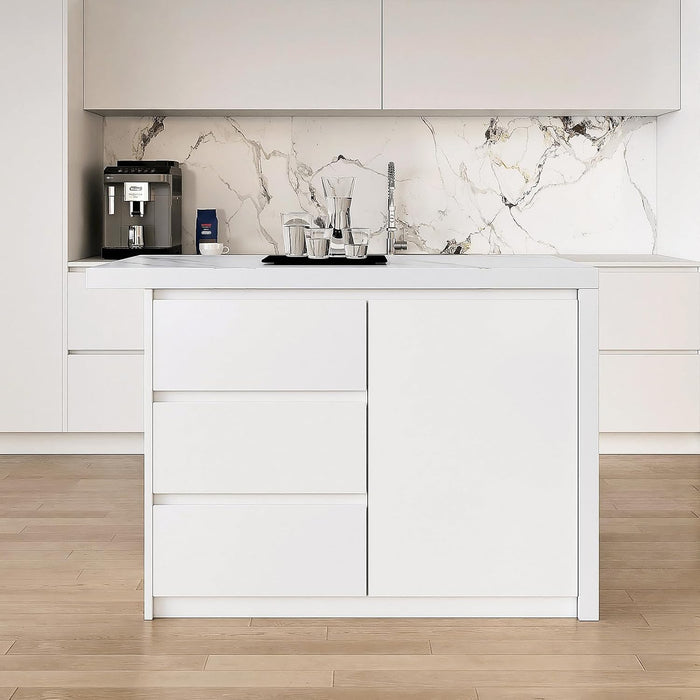 homary Kitchen Island with Storage & Wine Rack, 50" Modern White Kitchen Cabinet with Wood Top, Large Fixed Island with 3 Drawers & 6 Adjustable Shelves