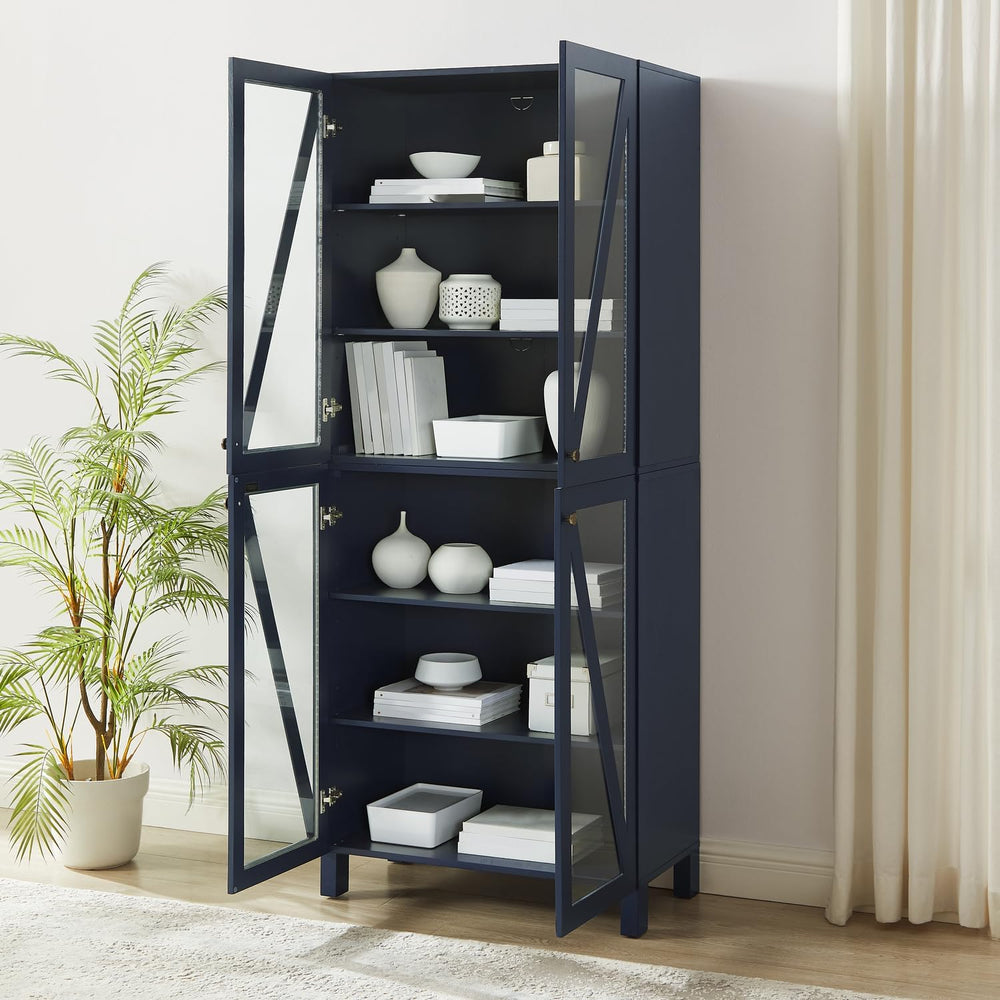 Maykoosh Tall Kitchen Pantry - Stackable Storage Cabinet with Glass Doors, Navy