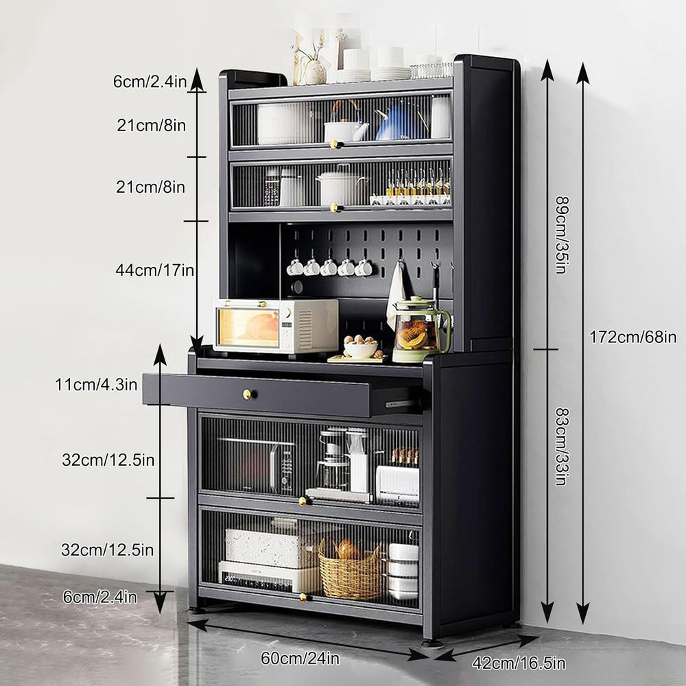 White Kitchen Pantry Cabinet with Microwave Stand Drawer Wheels and Ample Sto...