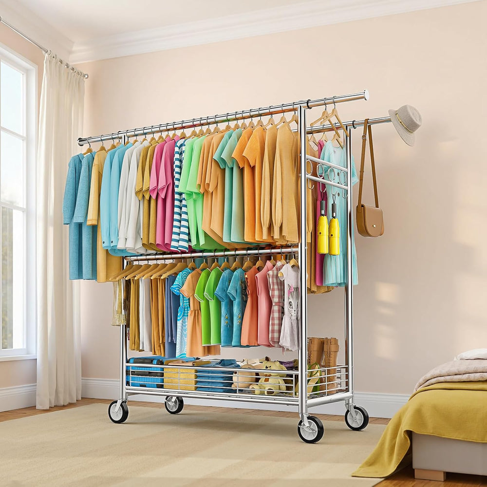Heavy Duty Clothes Rack Load 960LBS, Three Rods Rolling Clothing Racks for Ha...