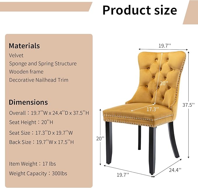 Modern Dining Chairs Set of 2, Tufted Upholstered Dining Chair with Solid Woo...