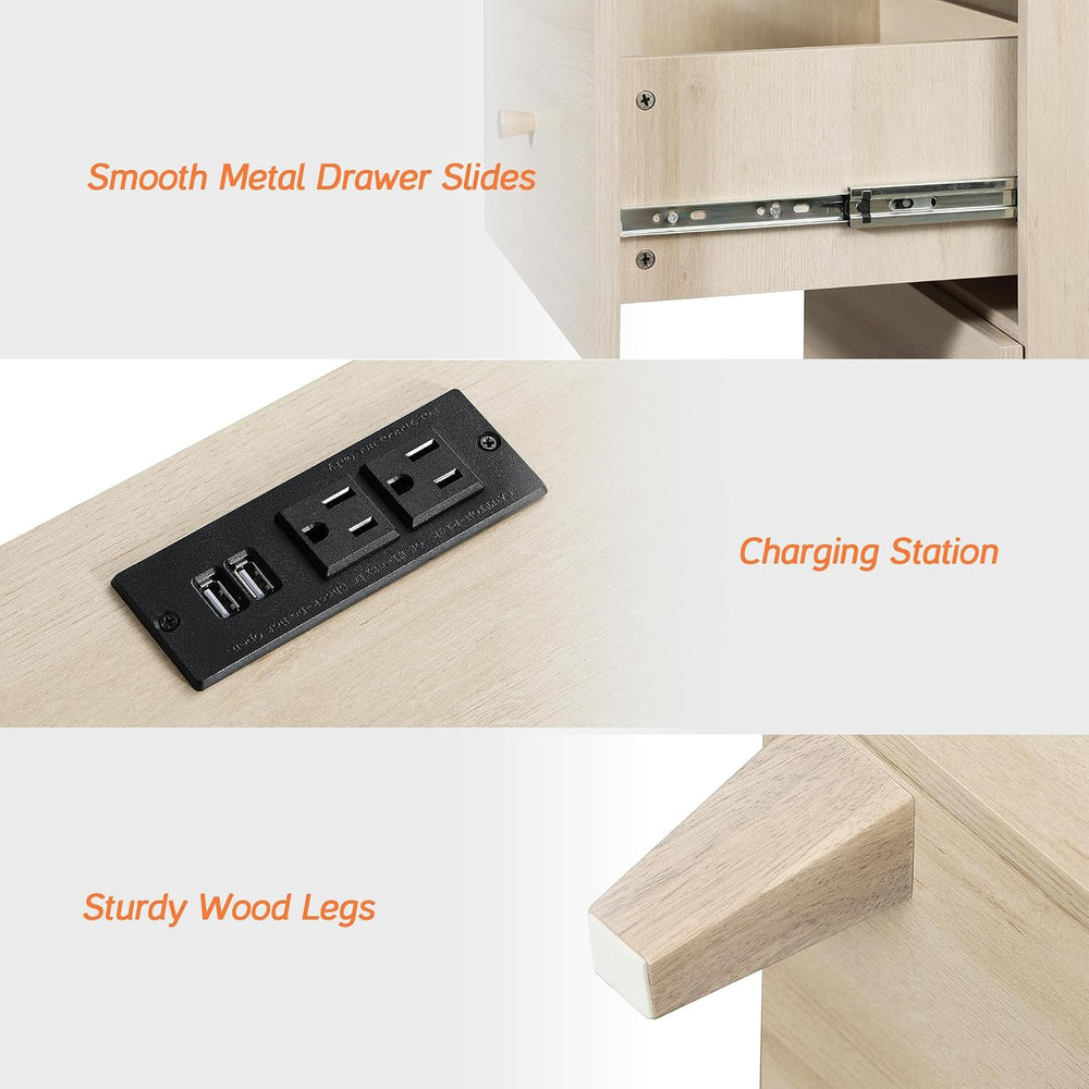 WAMPAT Nightstands with Charging Station&2 Sliding Storage Drawers, Moder...