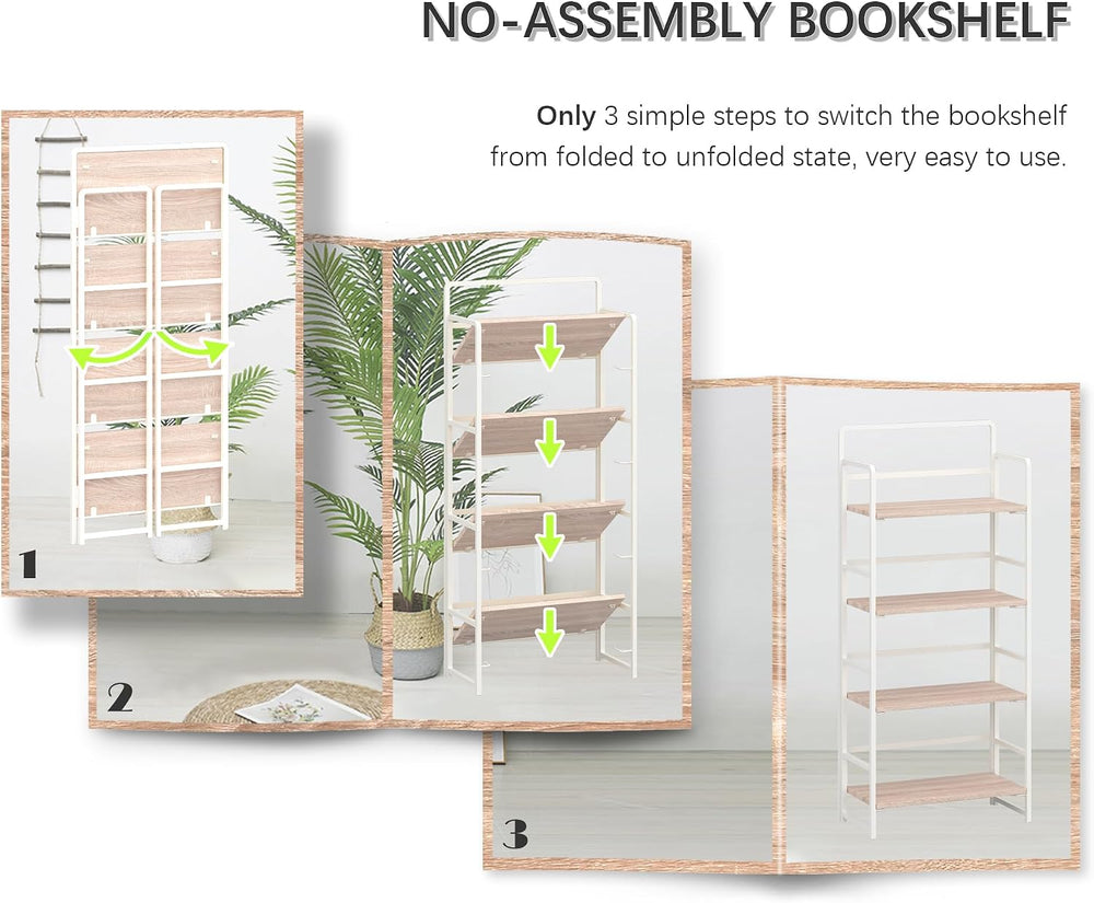 4NM No Assembly Folding Bookshelf Book Shelves, 4-Tier 54"" H Colla...