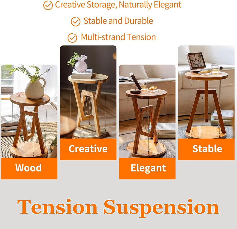 Floating Effect End Table, Solid Wood Tensegrity Side Table, Anti-Gravity Han...