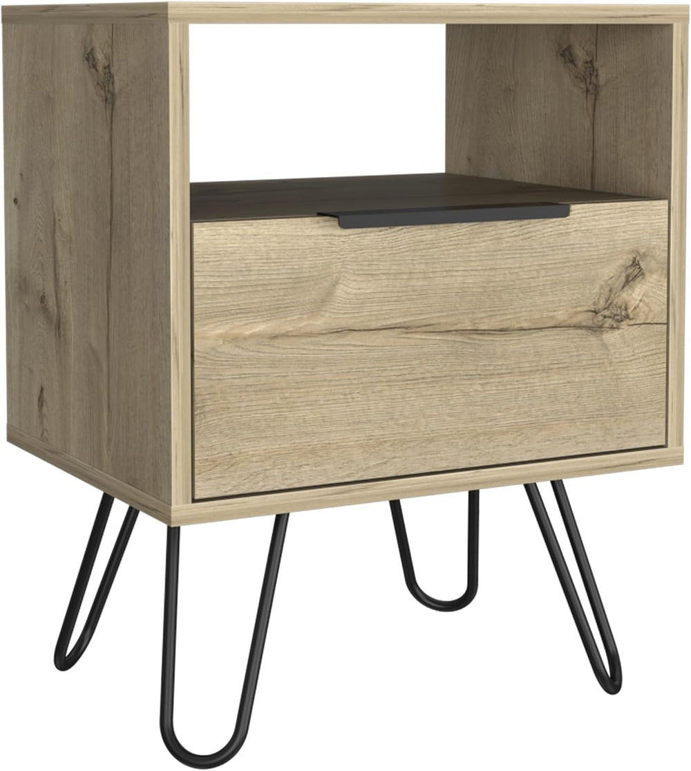 Nightstand 22" H, One Open Shelf, Single Door Cabient, Hairpin Legs, Lig...