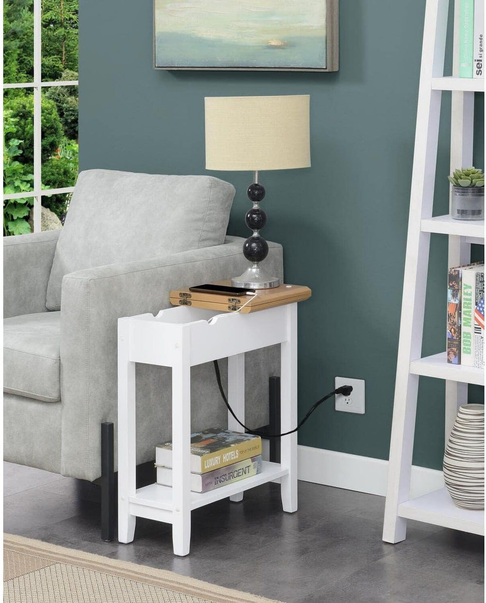 HomeStock Cool Flip Top End Table with Charging Station, 23-in x11-In x24-In,...