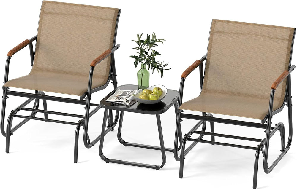 Tangkula 3 Piece Patio Bistro Glider Set, 2 Rocking Chairs w/Tempered Glass S...