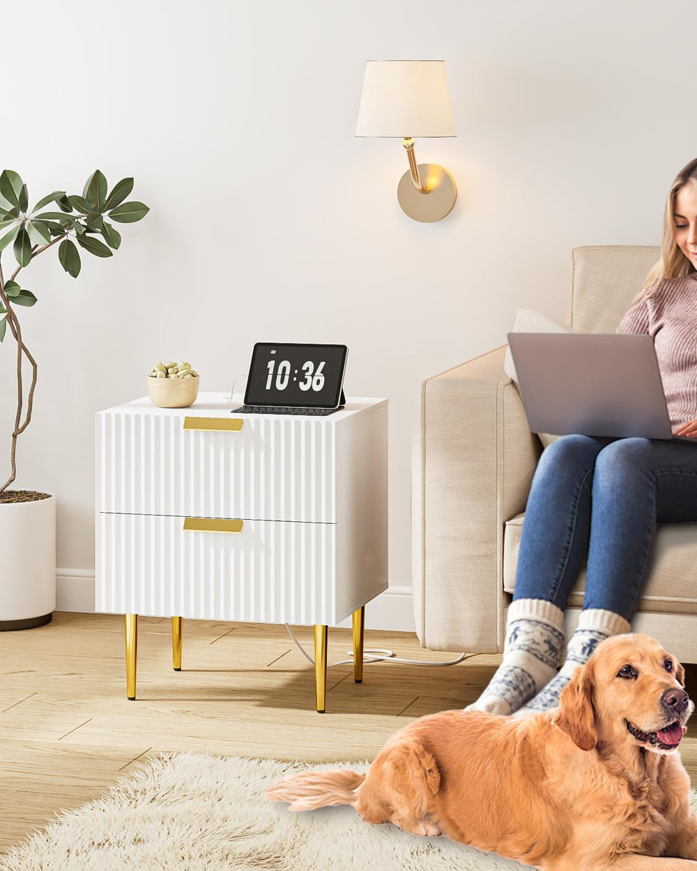 Nightstand with Charging Station, Bedside Table with Gold Frame,White Night S...