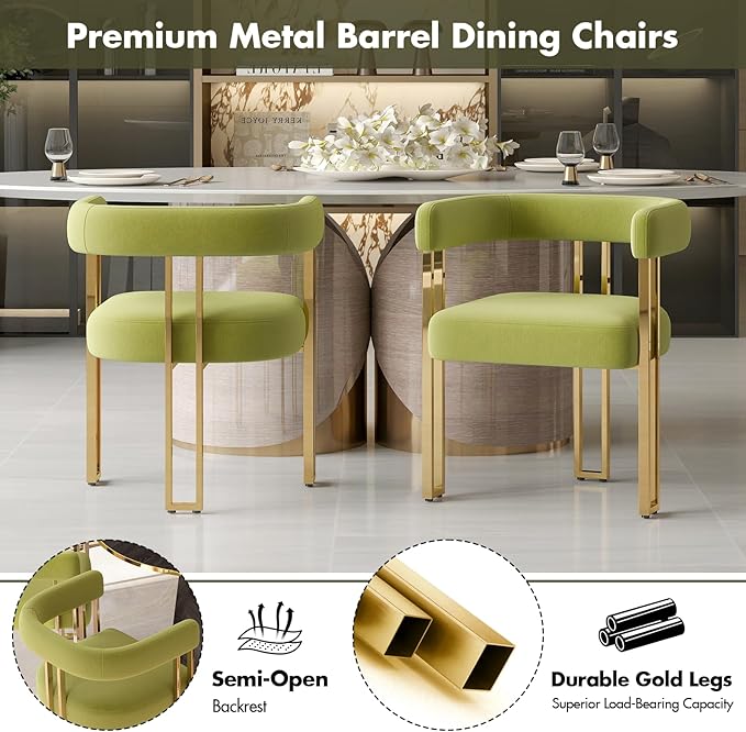 Green and Gold Modern Dining Chairs Set of 4, Velvet Upholstered Barrel Armch...