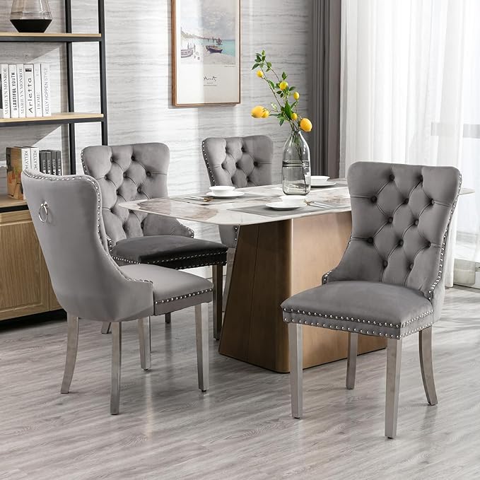 Luxury Upholstered Dining Chairs Set of 4, Grey Kitchen Chair with Silver Met...