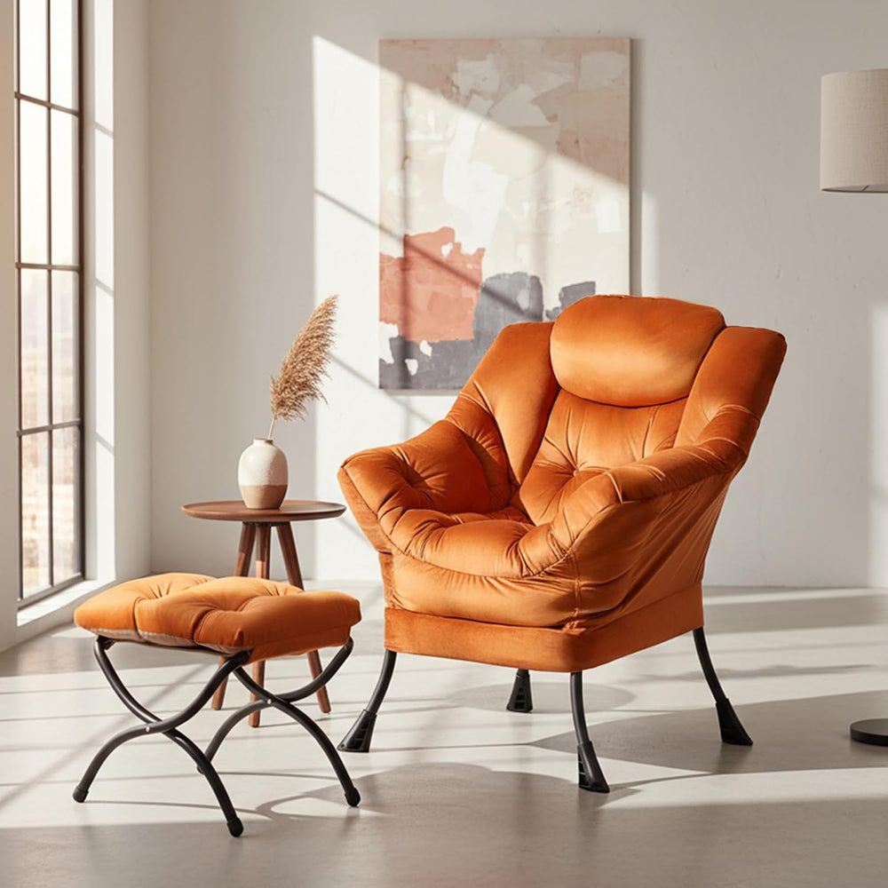 Tiita Lazy Chair with Ottoman, Comfy Reading Accent Chair, Velvet Orange