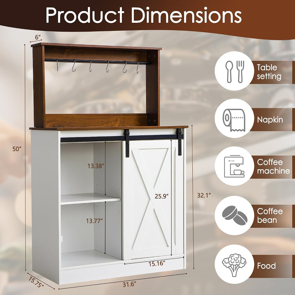 Farmhouse Coffee Bar Cabinet with Sliding Barn Door and Storage