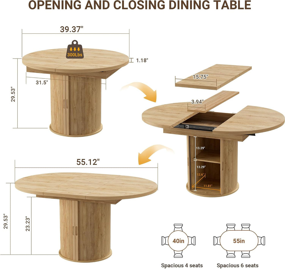 40-55in Extendable Round Table for 4-6, Multi-Use Oval Dining Table with Hidd...