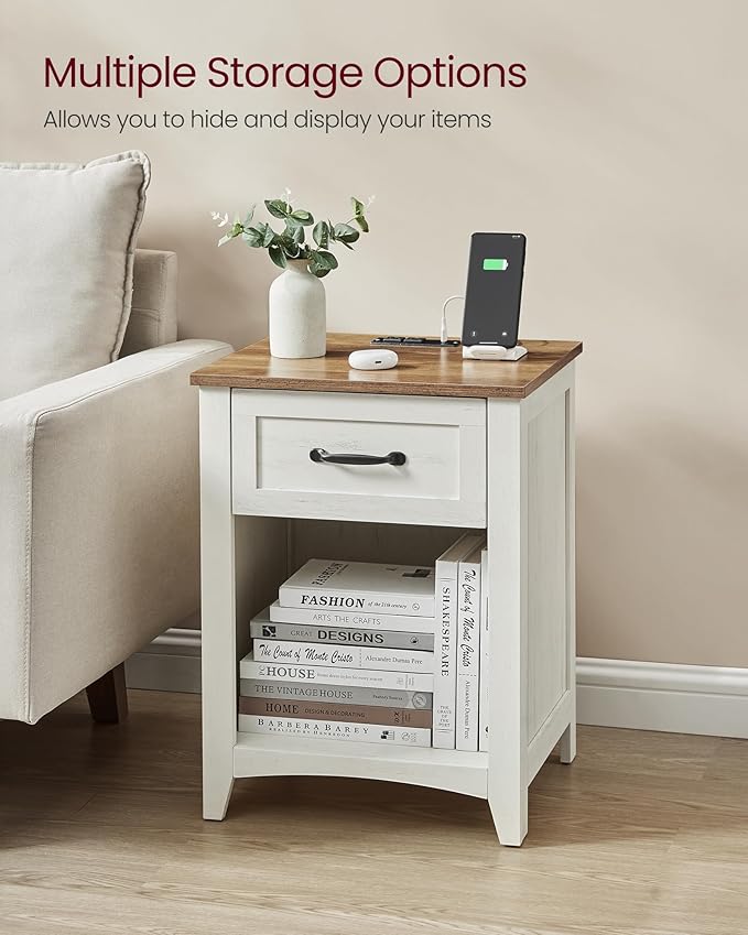 VASAGLE LIRY Collection - Farmhouse Nightstand with Charging Station, Bedside...