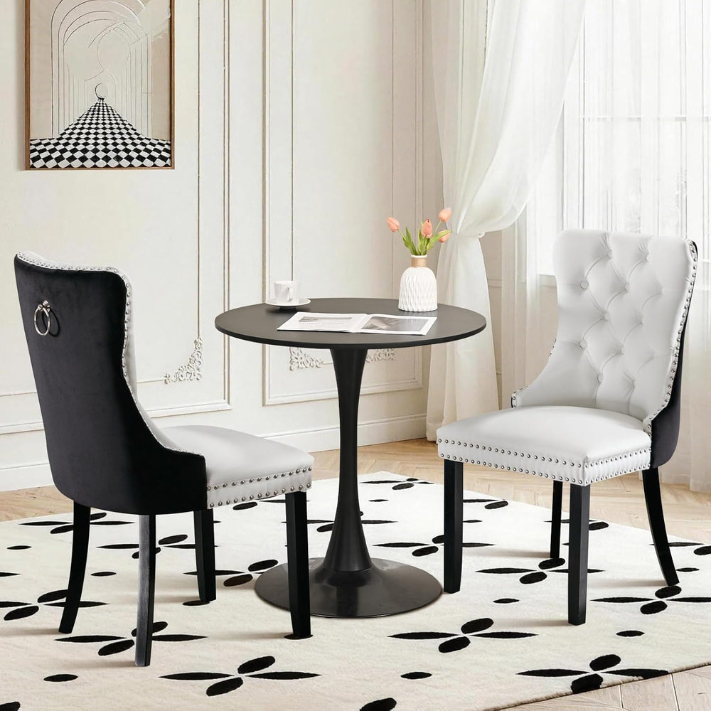 Dining Table and Dining Chair Set 23.6" Black Round Table&2 Leather ...