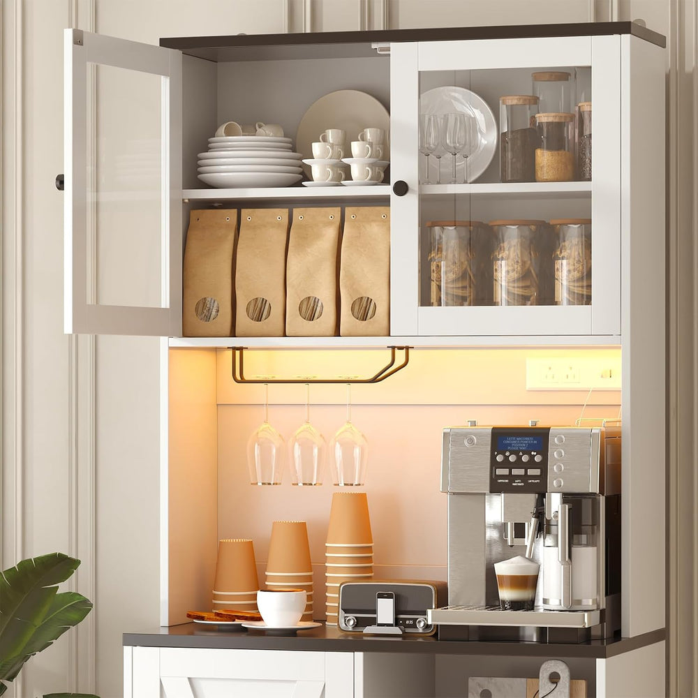 71" Tall Coffee Bar Cabinet with Storage Hutch, Farmhouse Kitchen Pantry...