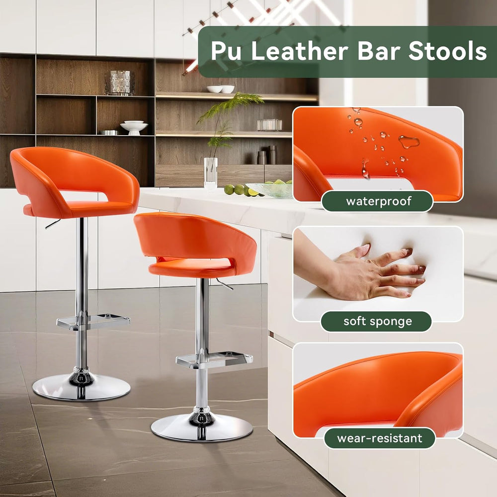 Adjustable PU Leather Swivel Bar Stool with Arms, Orange