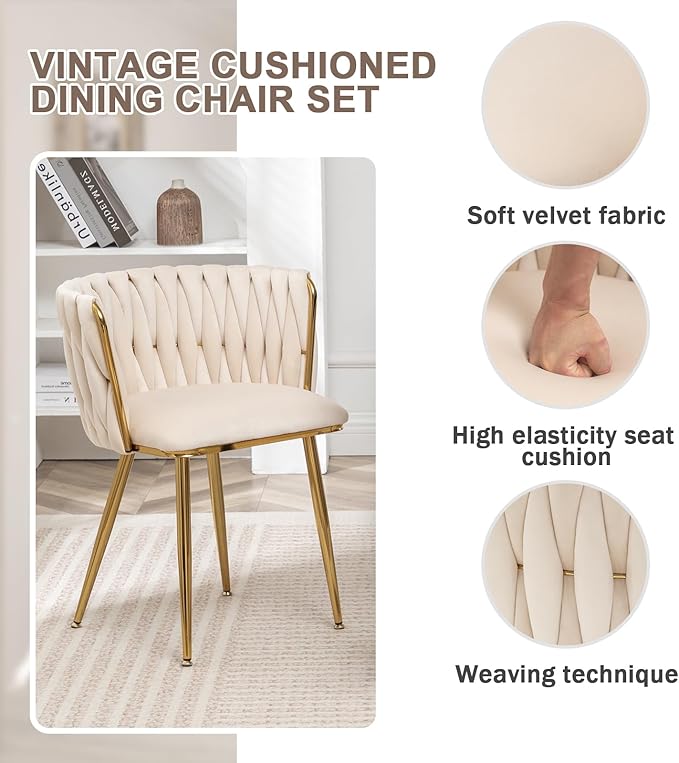 Velvet Dining Chairs Set of 2, Modern Upholstered Woven Dining Chairs with Go...
