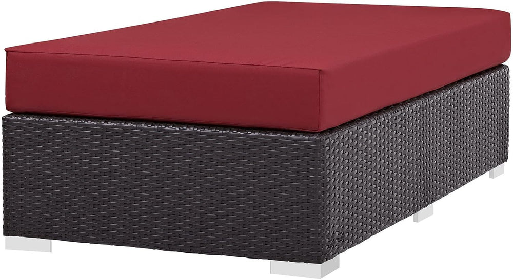 BOWERY HILL Rectangle Fabric Rattan Patio Ottoman, Espresso Finish with Red C...