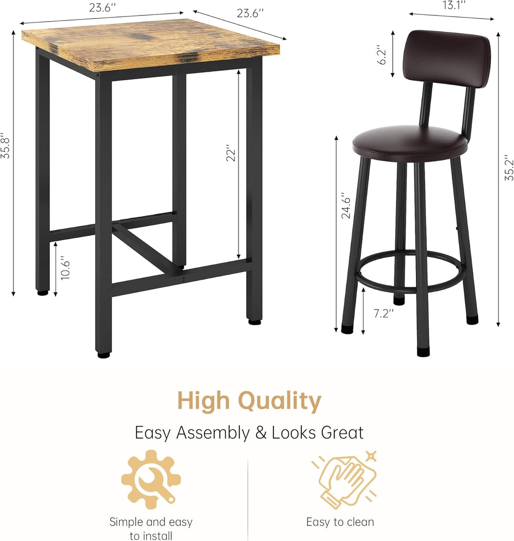 Recaceik 3 Piece Pub Dining Set, Modern bar Table and Stools for 2 Kitchen Co...
