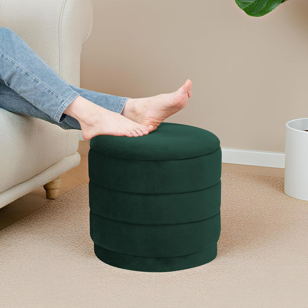 15.4" Round Velvet Storage Ottoman with Reversible Lid, Upholstered Circ...