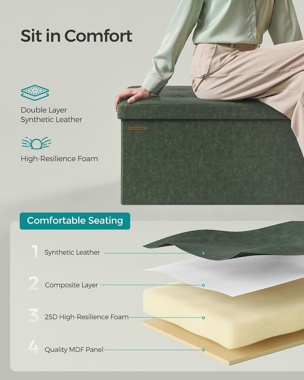 SONGMICS Storage Ottoman Bench, 43.3 Inches Folding Foot Rest Stool | PU Leat...