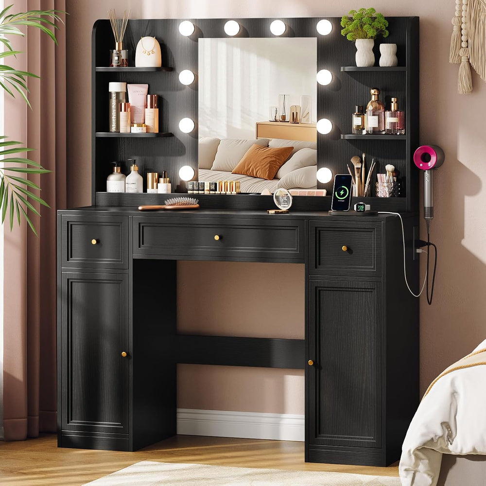Large Makeup Vanity Desk with Mirror and Lights & Charging Station, Black...