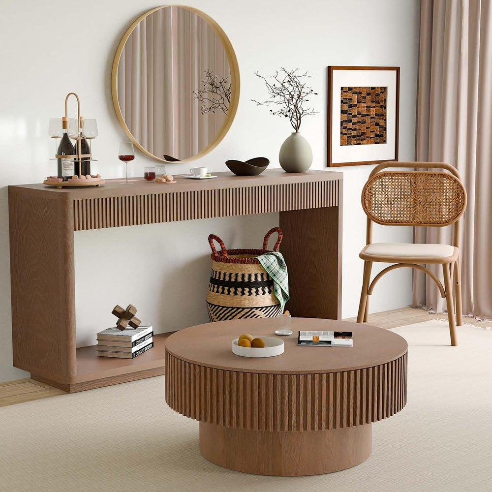 Round Coffee Table with Storage, Modern Wooden Coffee Table