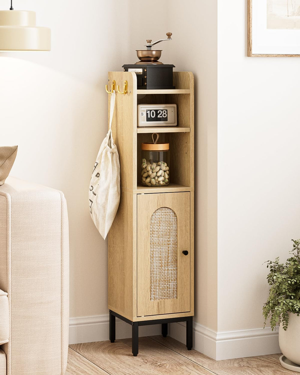 Bathroom Storage Cabinet, Small Corner Floor Hutch with 2Hooks,Narrow Toilet ...