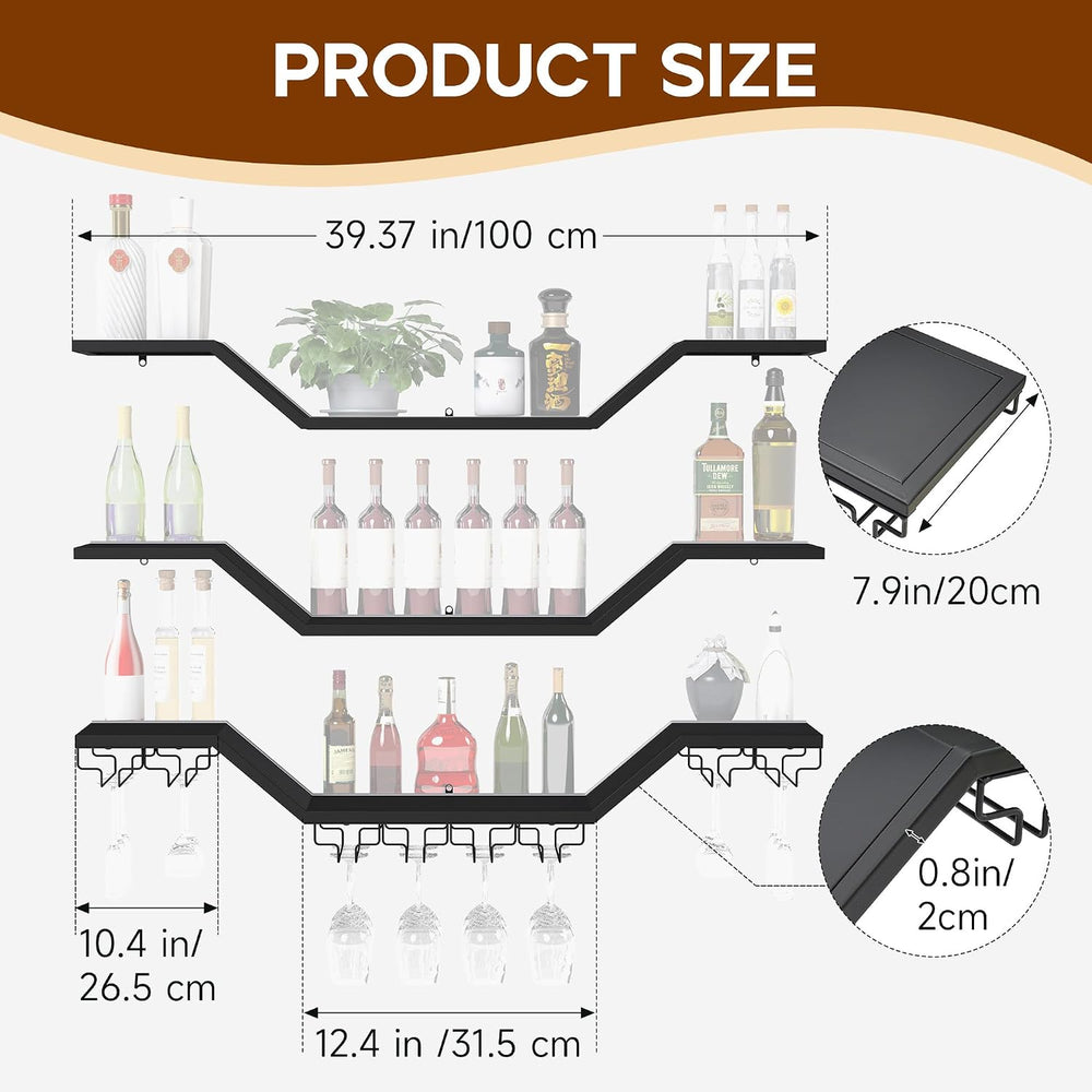 39.4in 3-Tier Floating Metal Wine Rack, Modern Wall Mounted Wine Shelf with L...