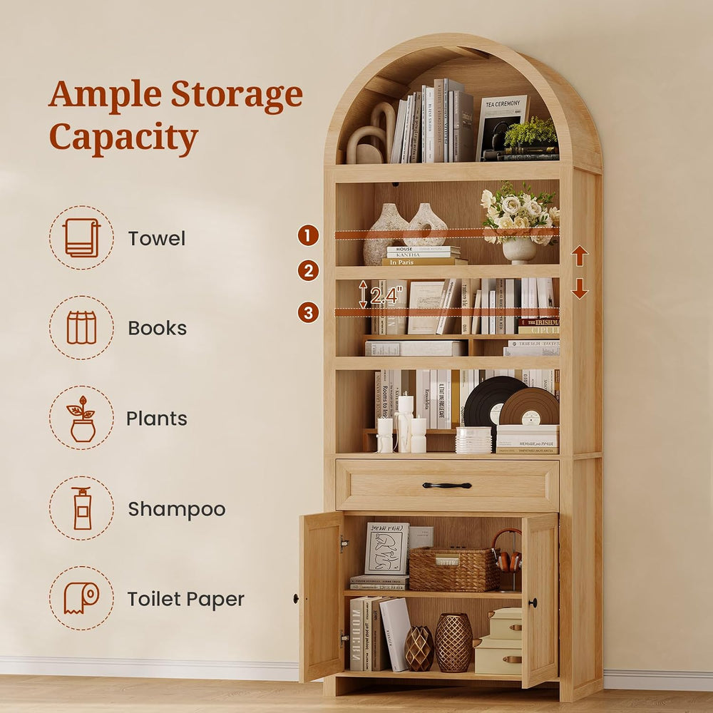 84.2" Tall Arched Cabinets,Bookcase with Drawer storage,Mid-Century Mode...