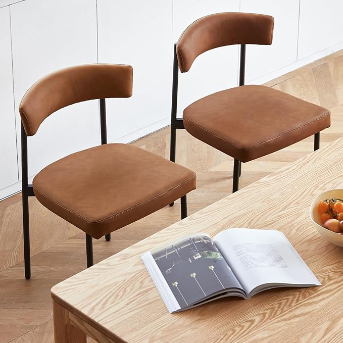 Brown Faux Leather Dining Chairs Set of 2, Armless Upholstered Kitchen Chair,...