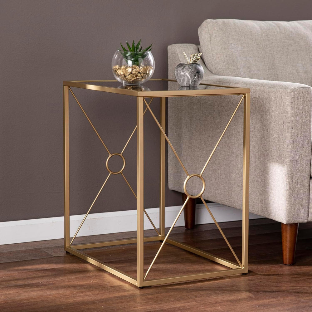 HomeStock Mirror Top End Table - Geometric Metal Base - Modern Living Room Si...