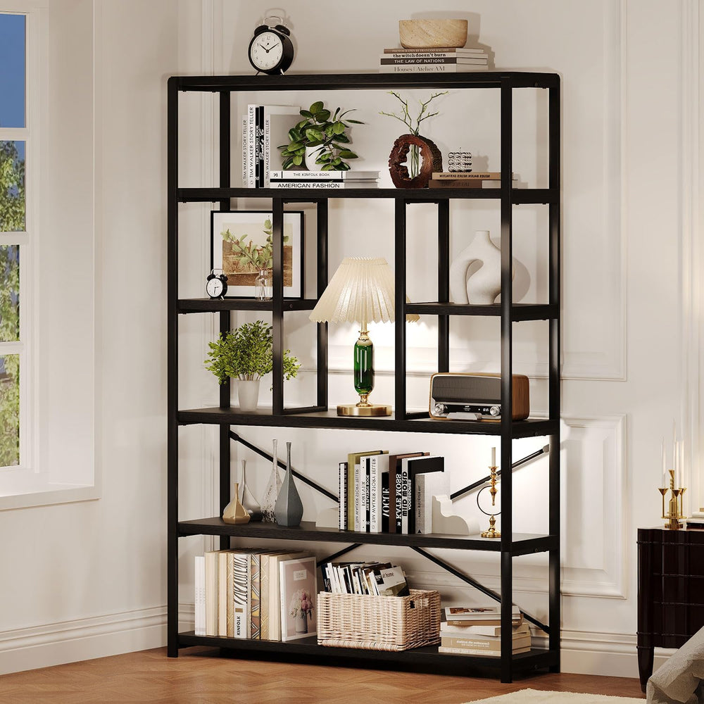 LVB 6 Tier Industrial Bookshelf for Bedroom Living Room Office, Black Oak