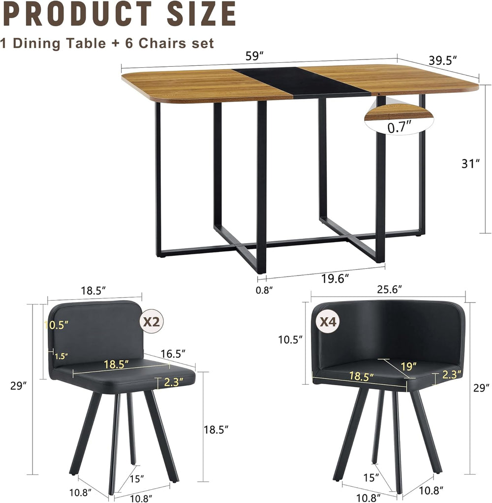 Dining Table Set for 6, 60" Faux Marble and Wood Kitchen Table with 6 PU...