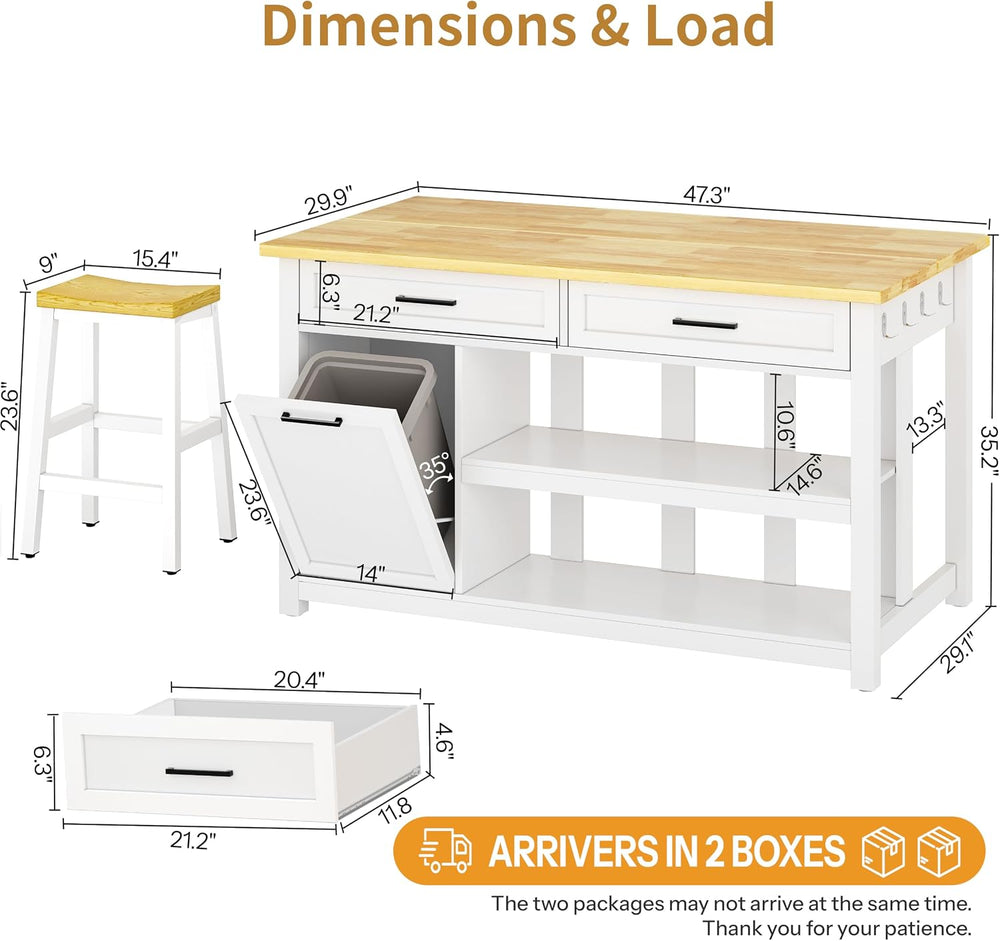 DynJest 47" Solid Rubberwood Top Kitchen Island with Storage, 2 Bar Stools