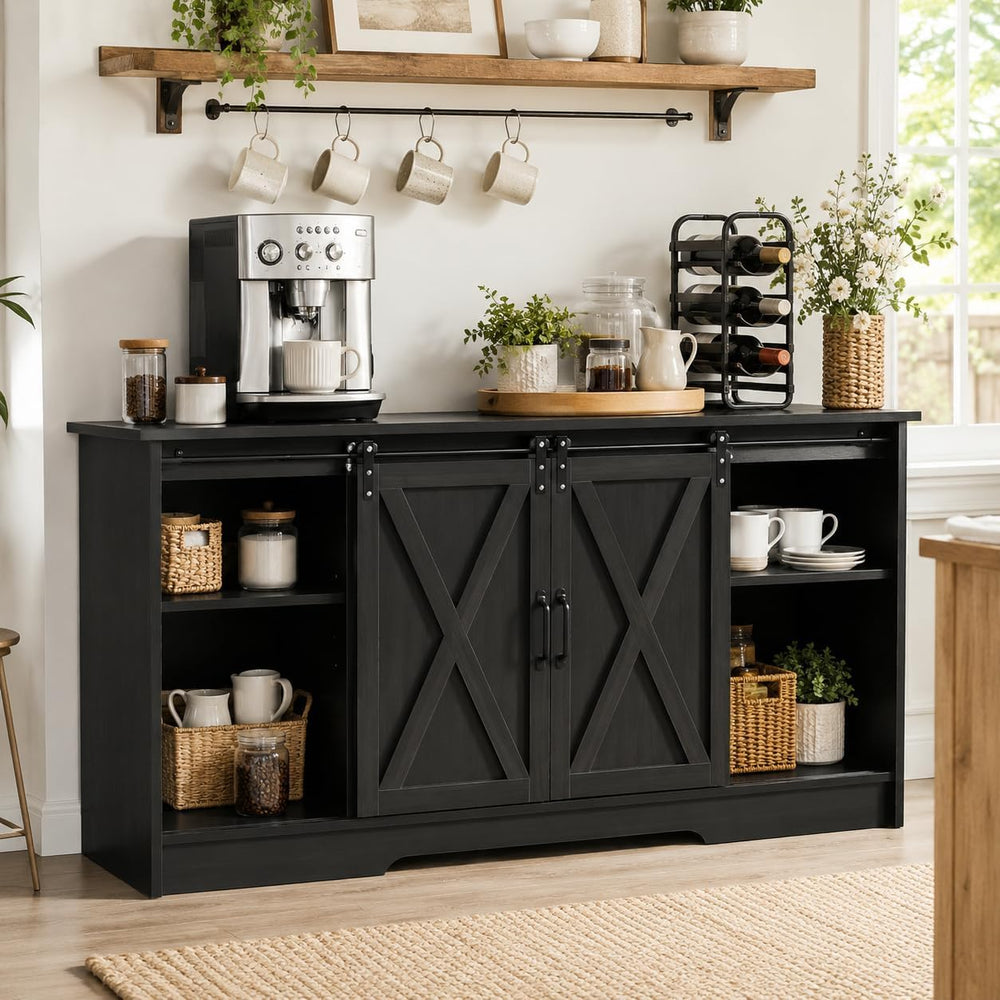 Farmhouse Coffee Bar Cabinet with Sliding Doors & Adjustable Shelves