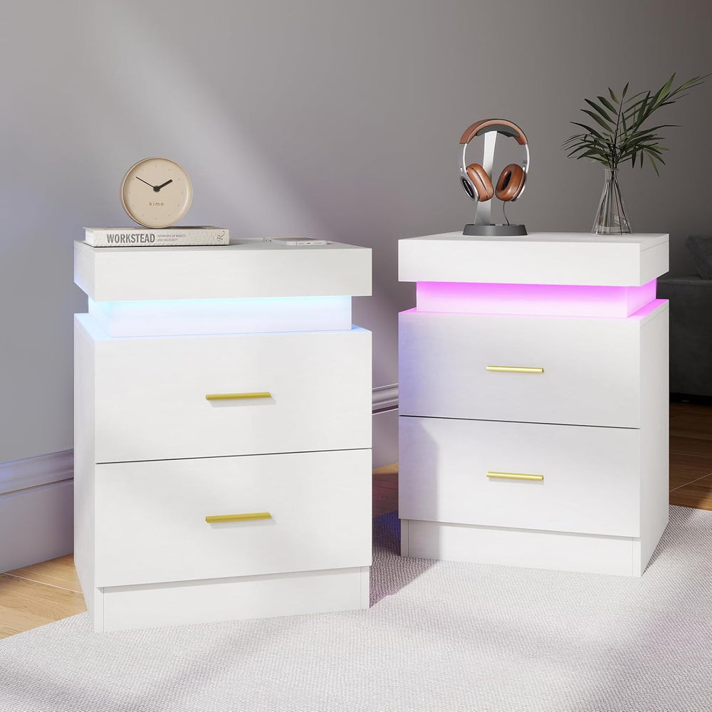 Night Stand Set of 2, 18'' LED Nightstand with Charging Station, Mode...
