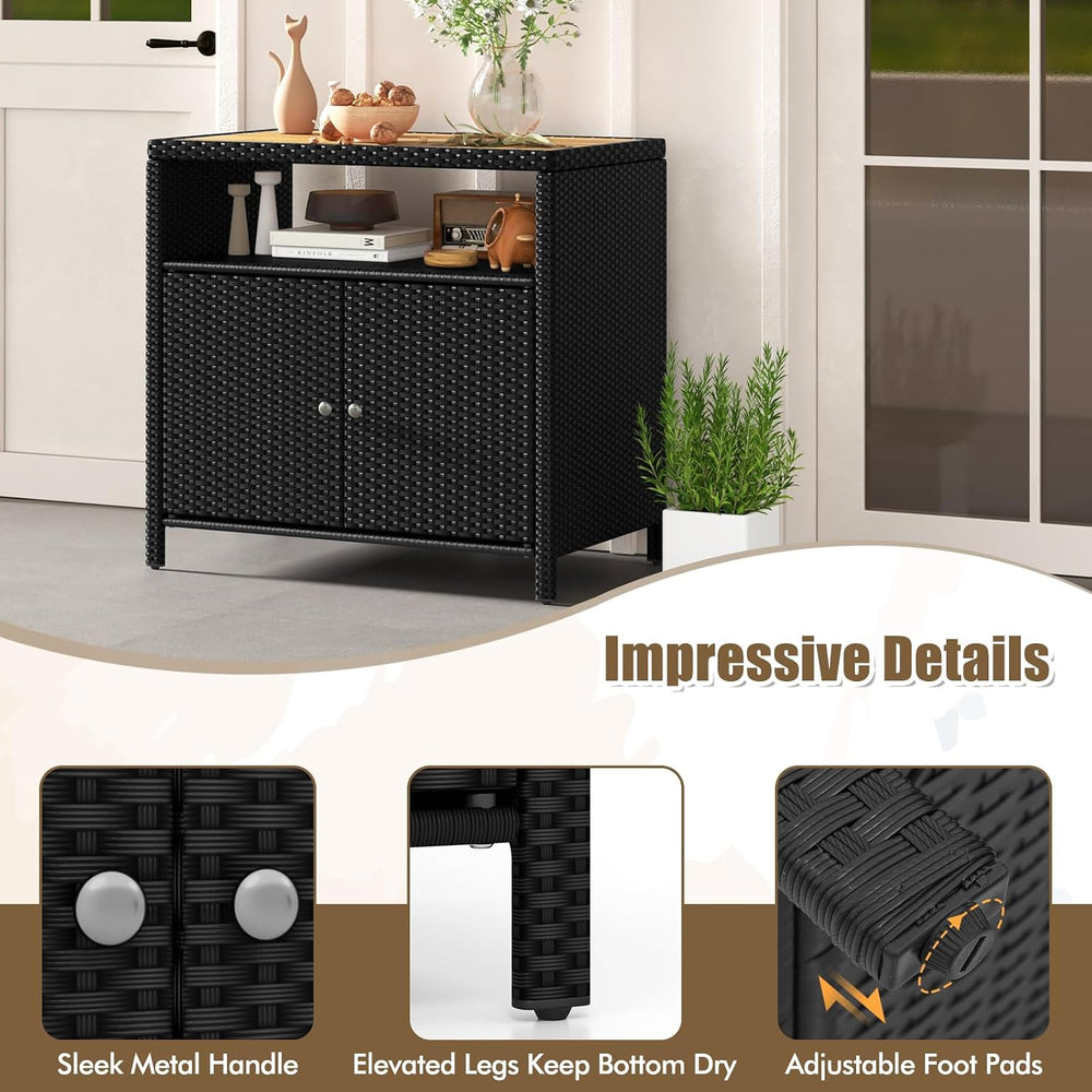 DREAMADE Outdoor Storage Cabinet, Wicker Patio Cabinet with Wood Top, Black