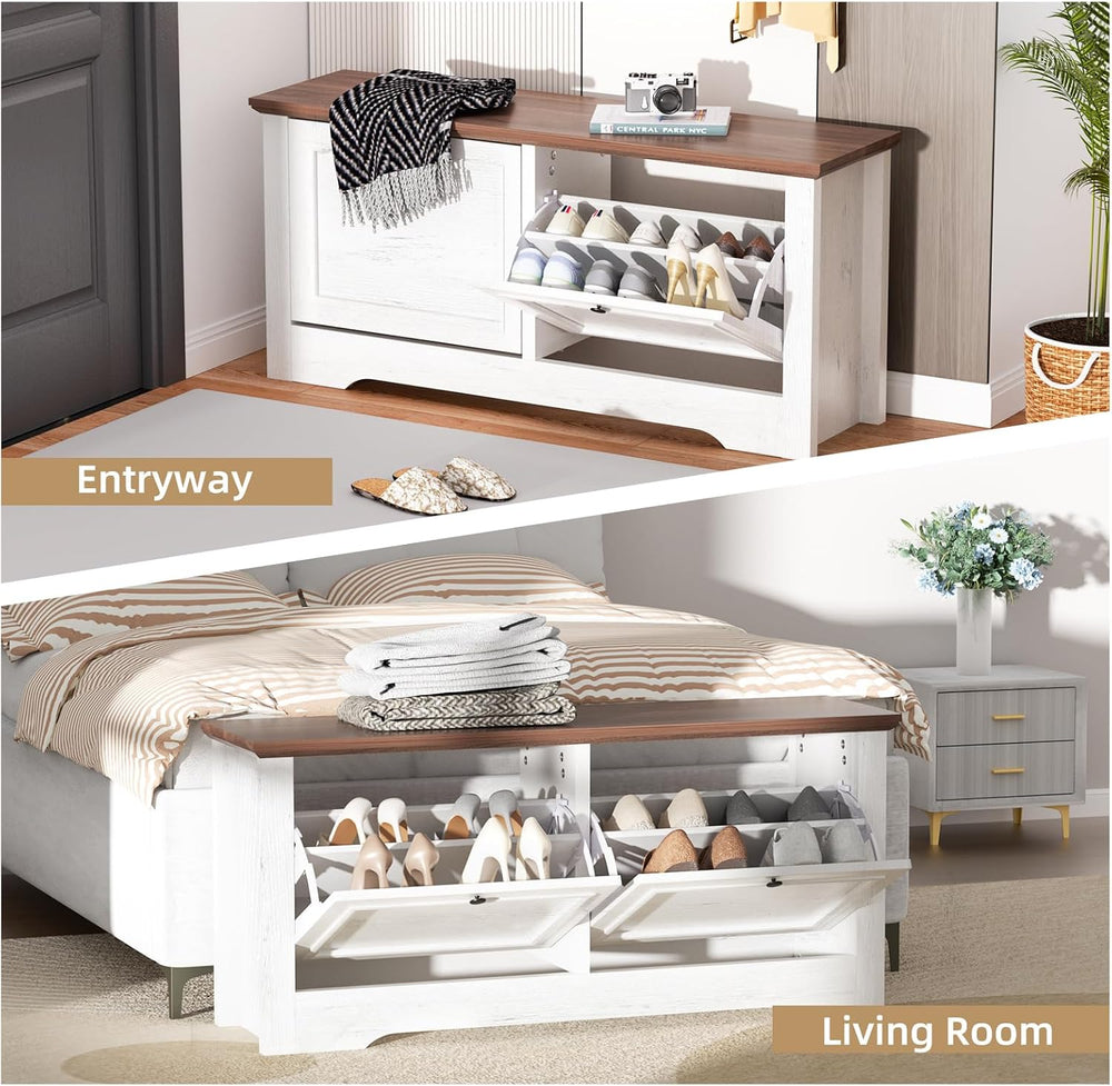 Shoe Storage Bench with Seat, Entryway Shoe Cabinet with Drawers | Flip Drawe...