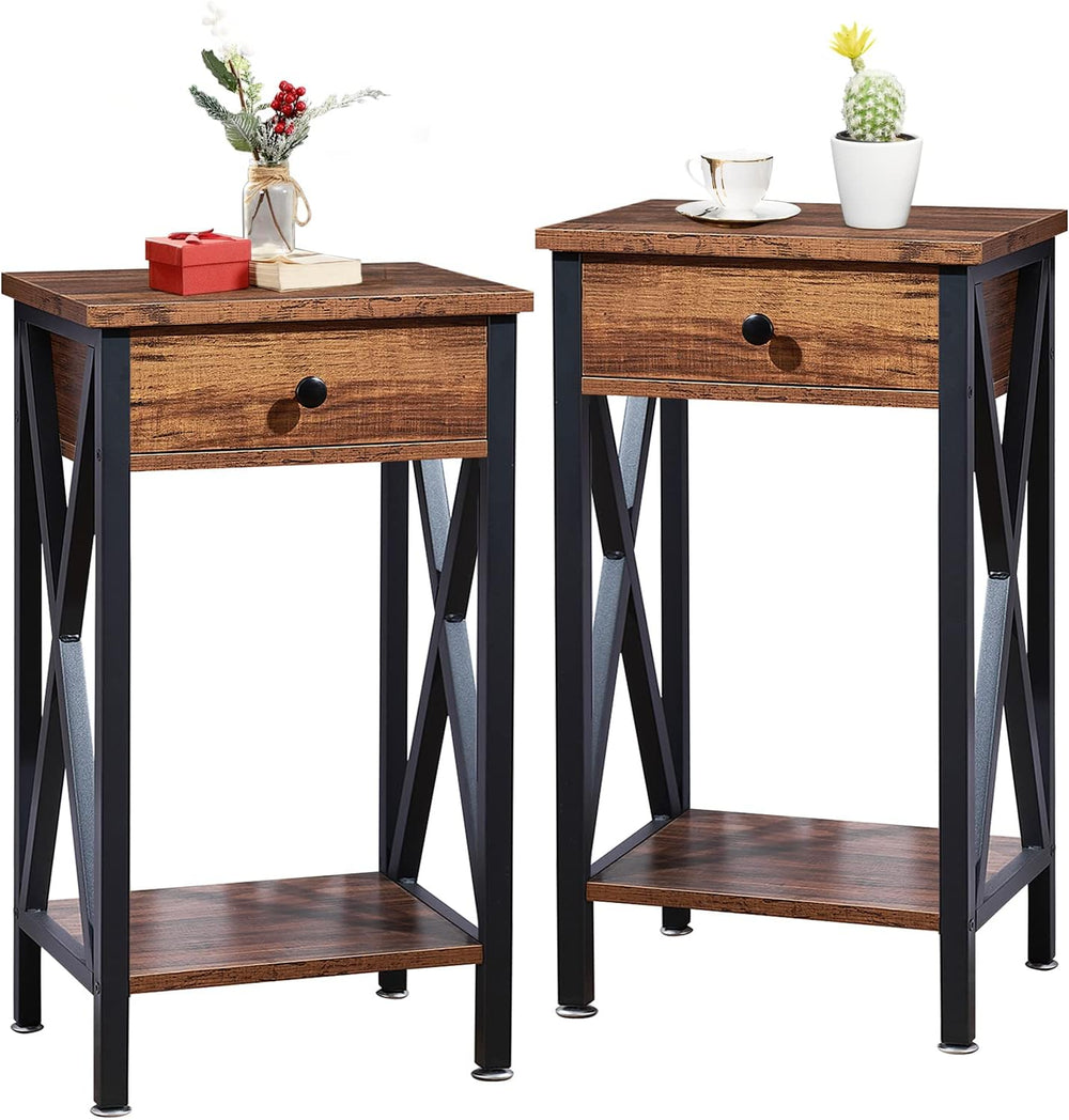 VECELO Tall Nightstand,27.6 inch Wooden End Table with Metal X-Frame,Side Tab...