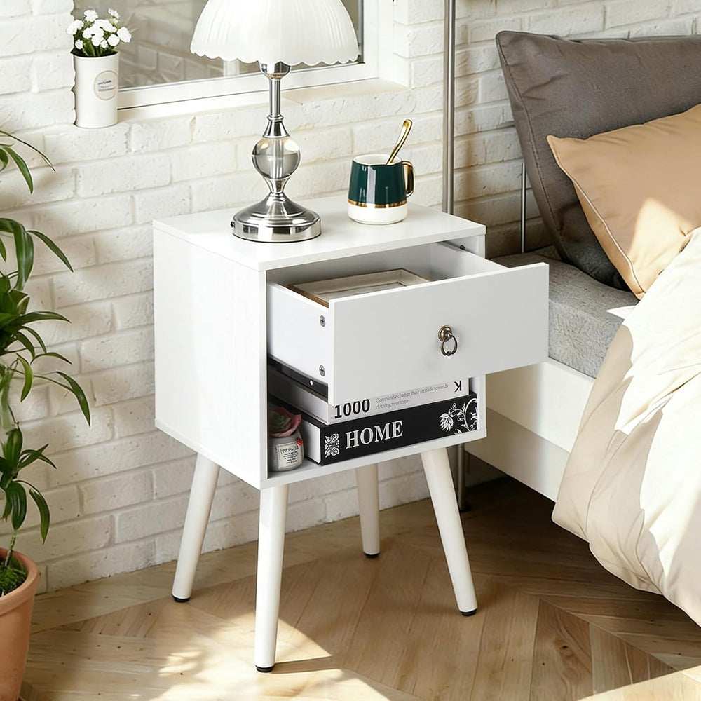 Bonnlo White Nightstand Set of 2, Modern Bedside Table with Drawer Open Shelf...